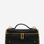 A black leather top-handle handbag with gold-tone hardware, including a top zipper, double zipper pulls, chain shoulder straps, and rivet details, shown against a plain white background.