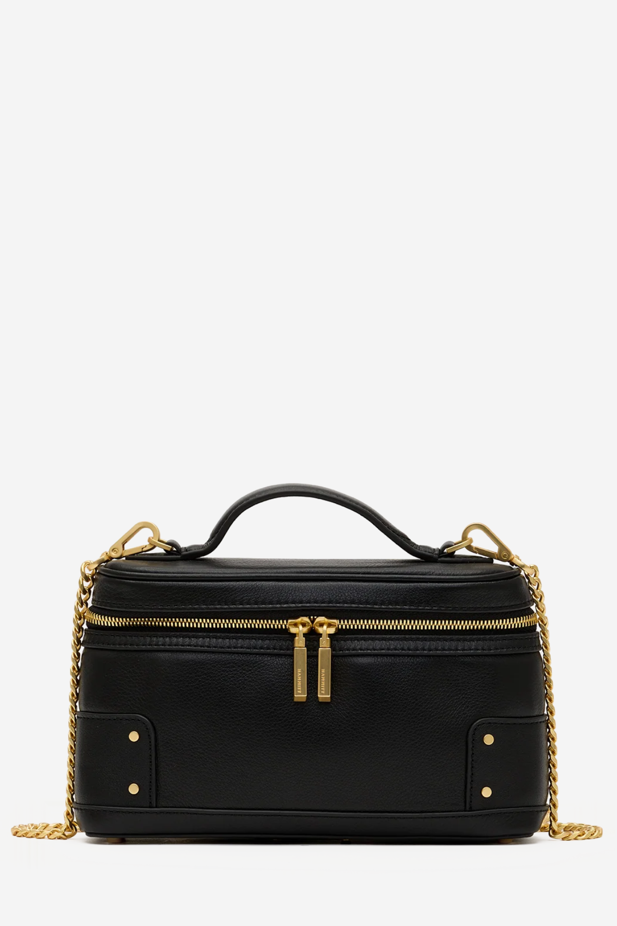 A black leather top-handle handbag with gold-tone hardware, including a top zipper, double zipper pulls, chain shoulder straps, and rivet details, shown against a plain white background.