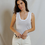 woman in stripe tank on draped background 