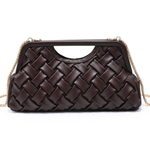 A dark brown woven leather clutch handbag with a gold-tone chain strap, shown against a plain white background.