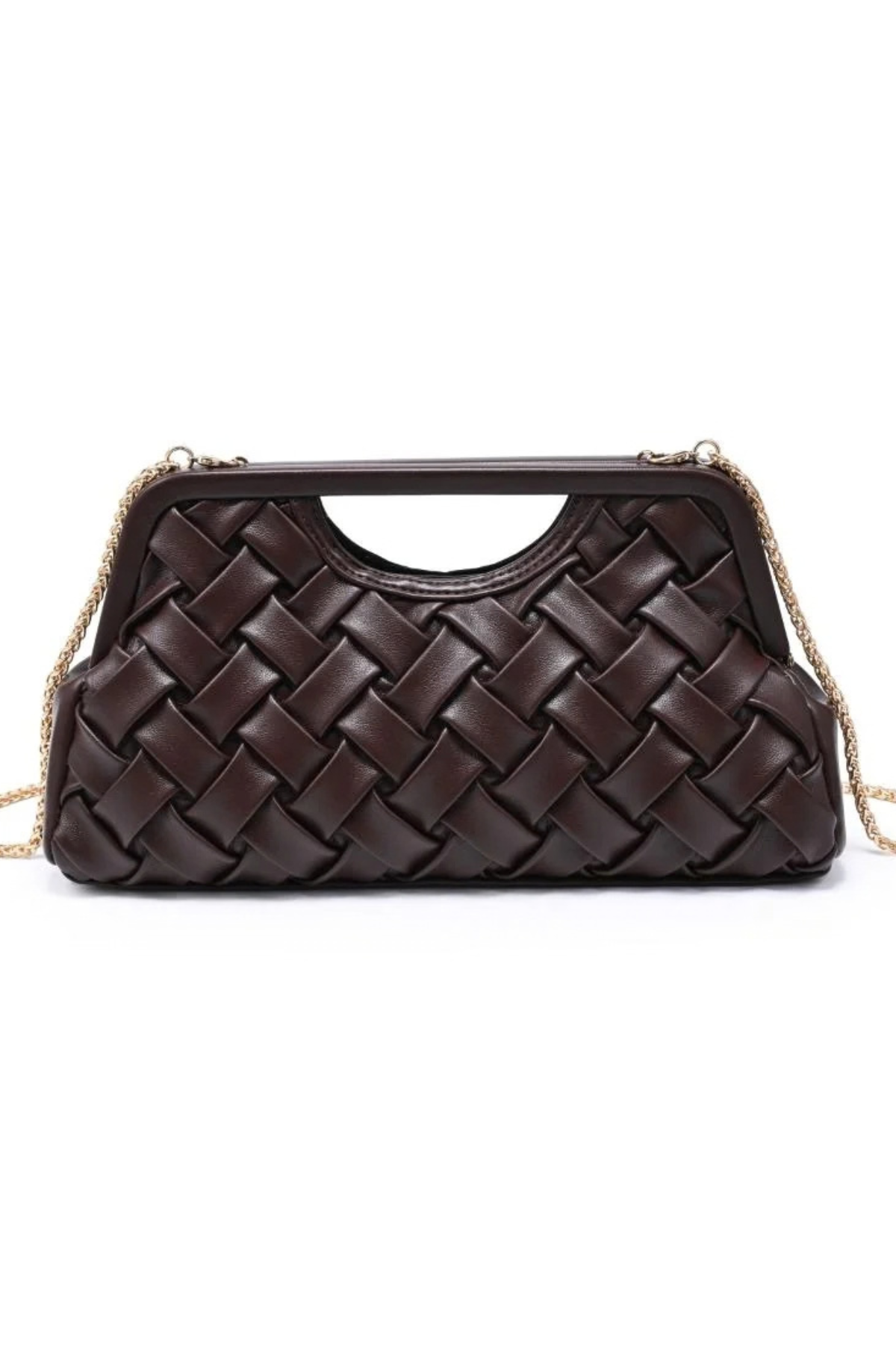 A dark brown woven leather clutch handbag with a gold-tone chain strap, shown against a plain white background.