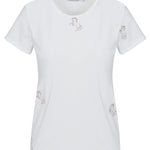 White t-shirt with embroidered designs on a white background