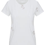 White t-shirt with embroidered designs on a white background