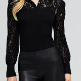 Women's black lace combo blouse featuring long sleeves and feminine lace detailing.