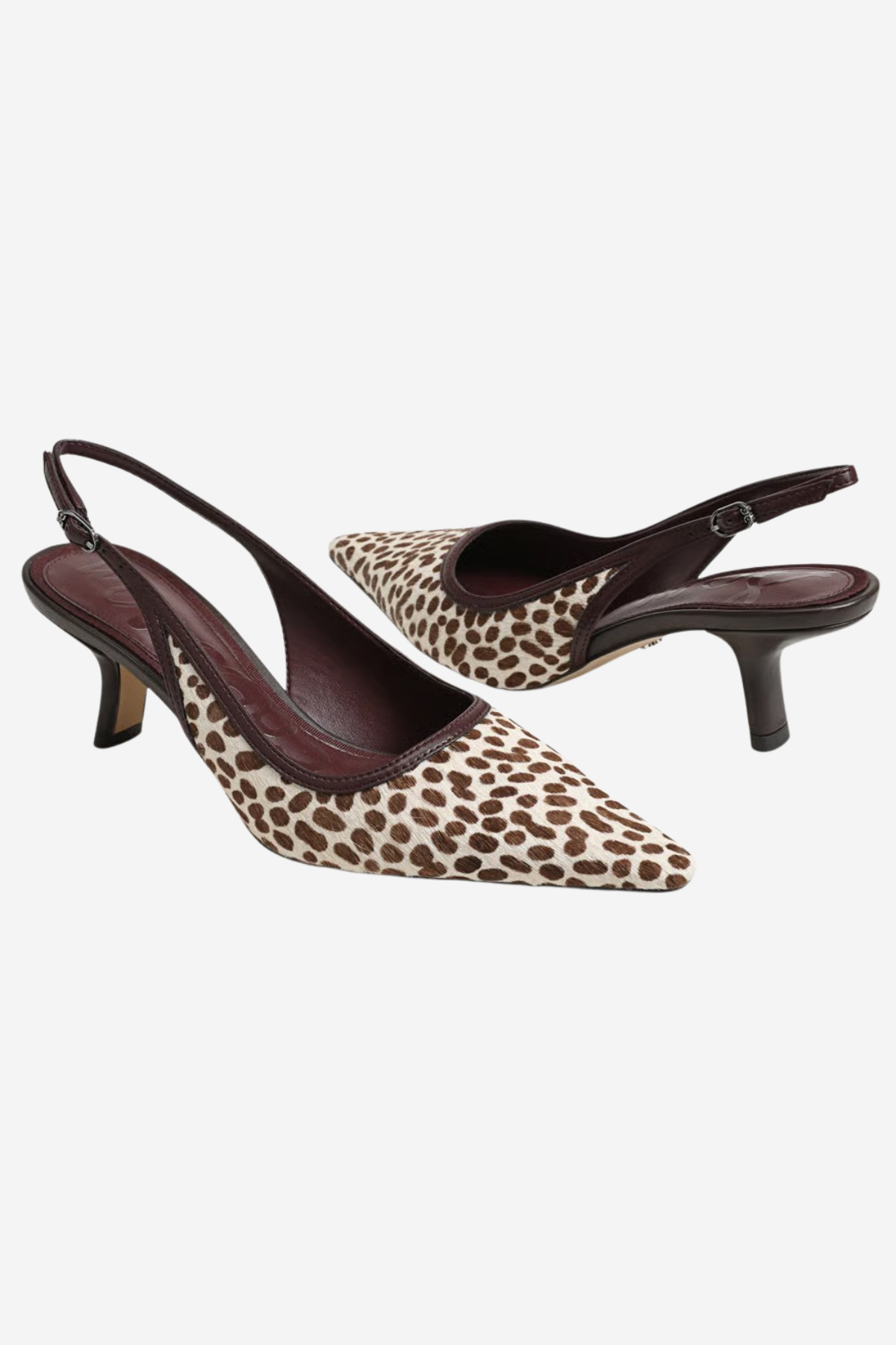A pair of pointed-toe slingback pumps featuring a brown and beige leopard print pattern with dark brown leather straps and heels, shown against a plain light gray background.