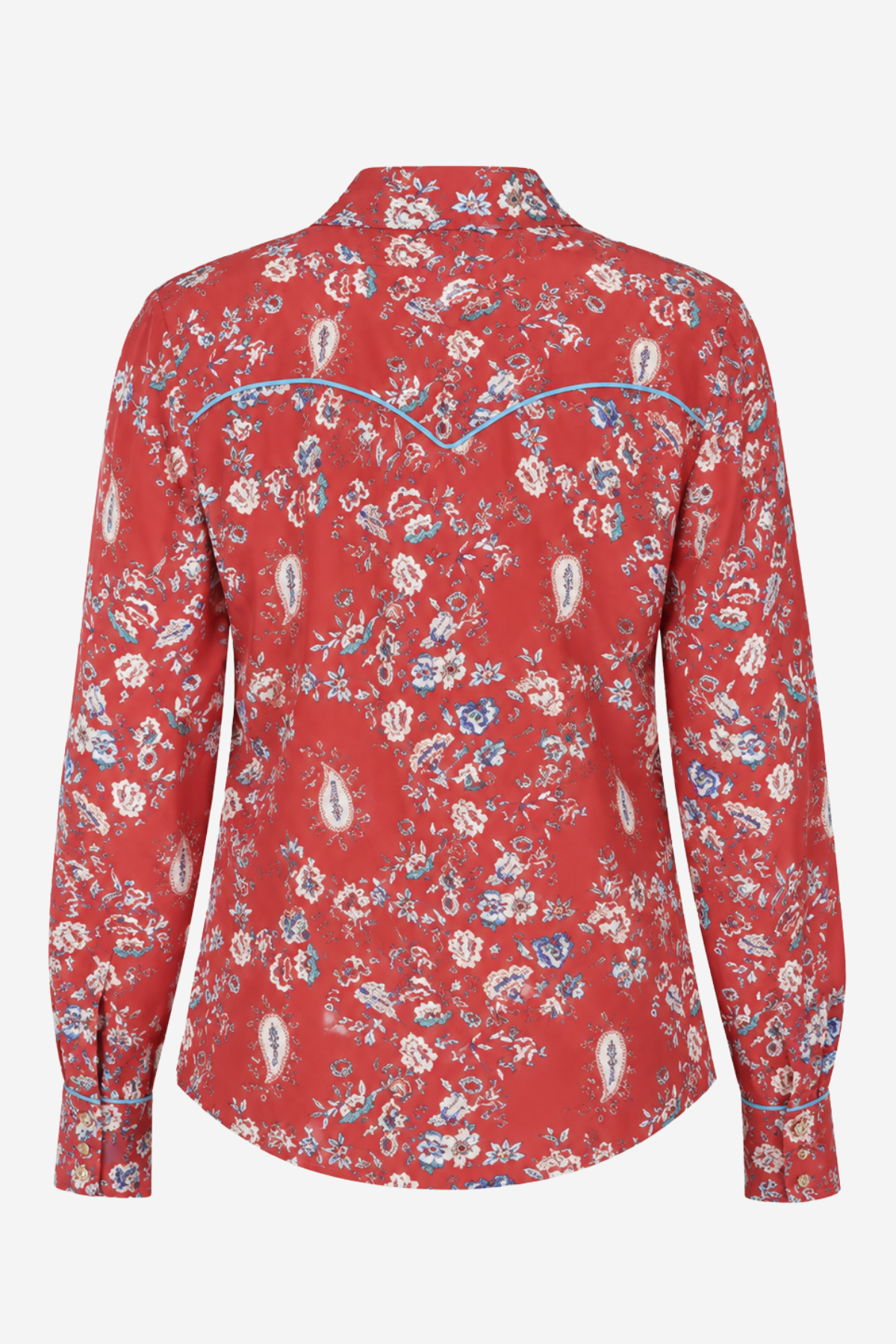 A red long-sleeve western-style shirt with a blue and white floral paisley pattern, featuring a curved blue line detail across the upper back, shown on a light gray background.