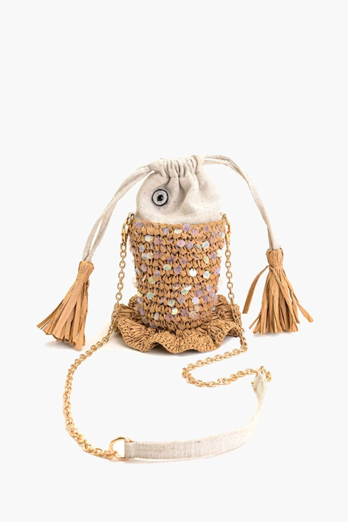 Handbag with sequin embellishments and tassels on a white background