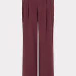 A pair of high-waisted, wide-leg trousers in a deep burgundy or maroon color, shown against a plain light gray background.