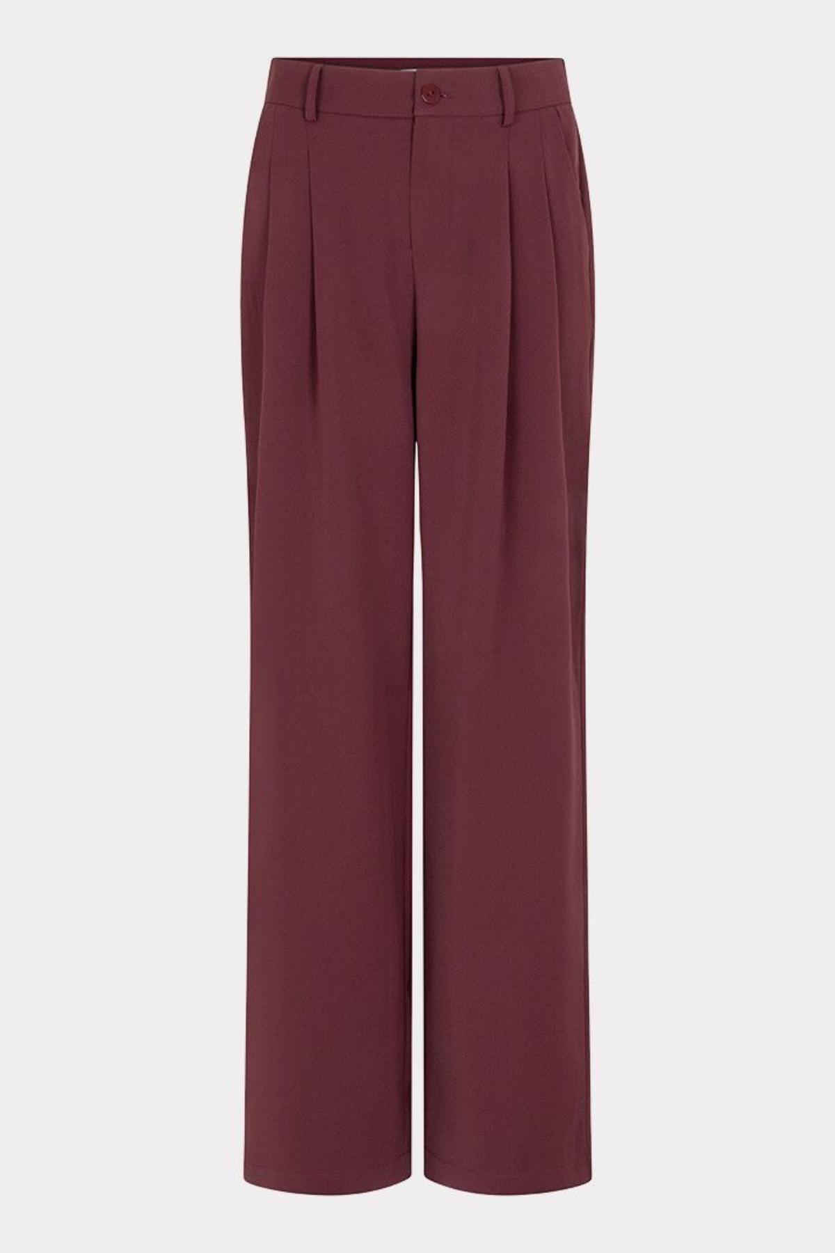 A pair of high-waisted, wide-leg trousers in a deep burgundy or maroon color, shown against a plain light gray background.
