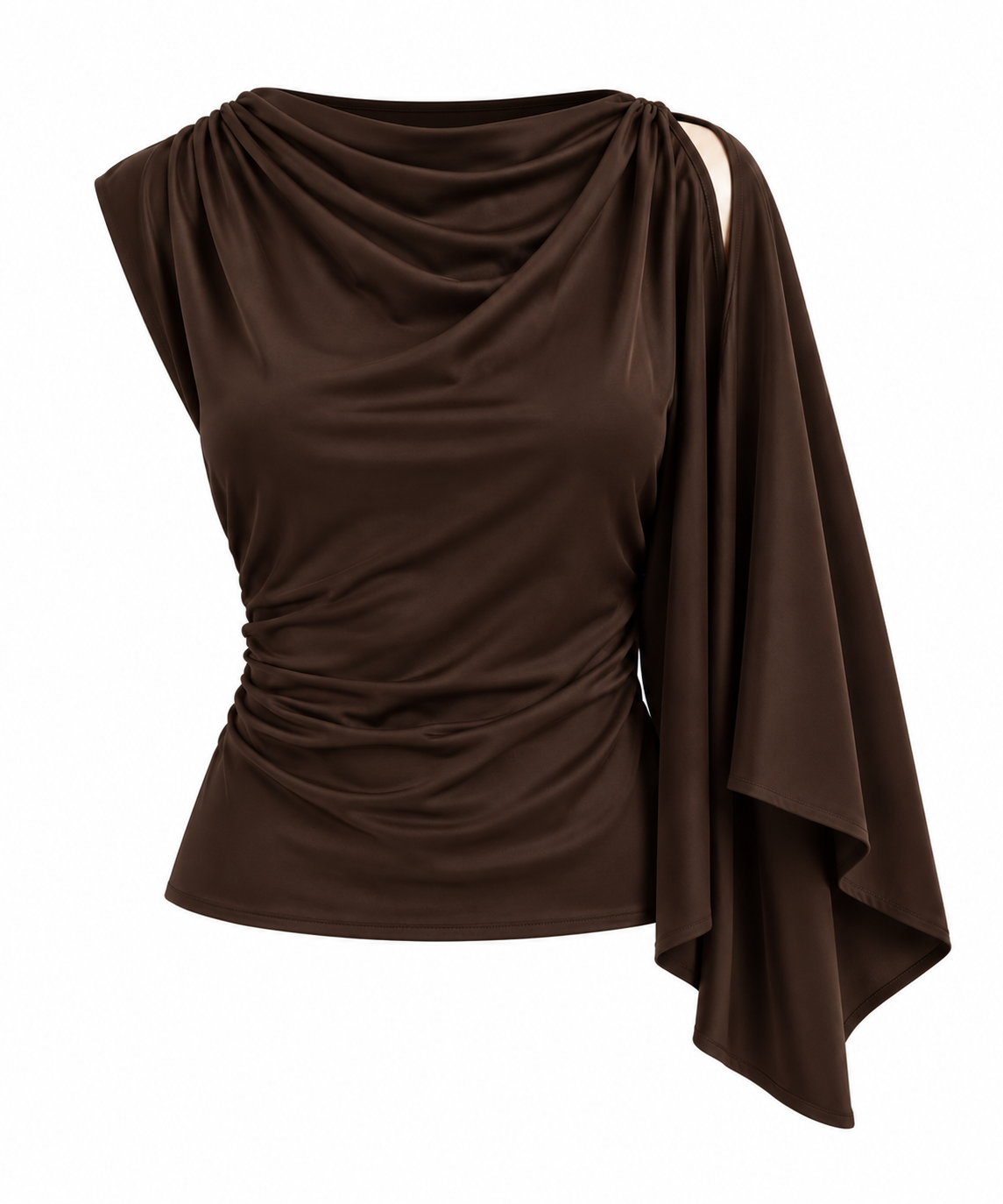 Women's brown blouse featuring an asymmetrical neckline, long sleeves, and decorative sleeve detailing.