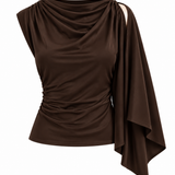 Women's brown blouse featuring an asymmetrical neckline, long sleeves, and decorative sleeve detailing.