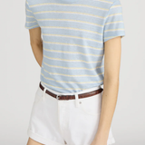 Person wearing a blue and yellow striped t-shirt and white shorts on a plain background