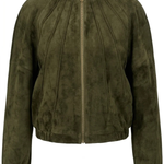 An olive green suede jacket with a front zipper, ribbed cuffs and hem, and vertical seam detailing on the bodice, shown against a plain white background.