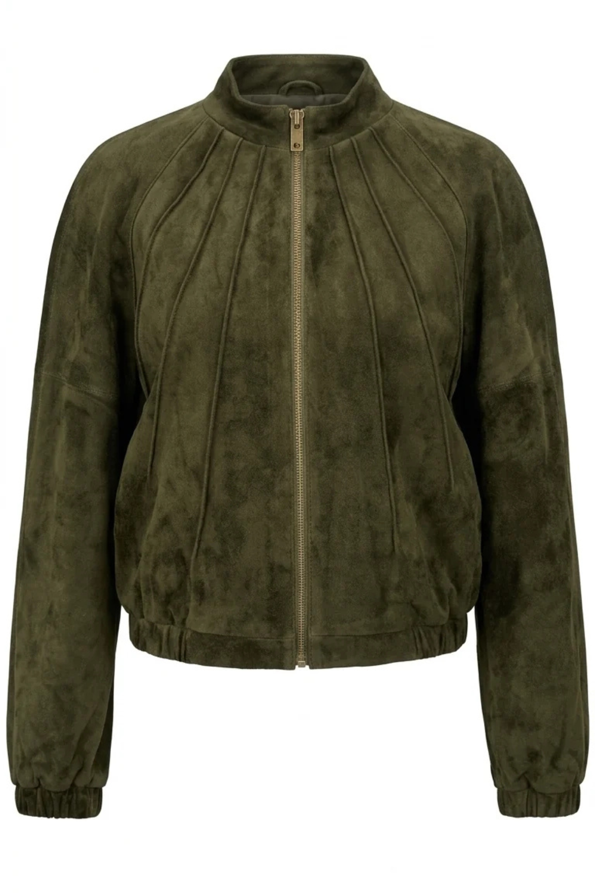 An olive green suede jacket with a front zipper, ribbed cuffs and hem, and vertical seam detailing on the bodice, shown against a plain white background.