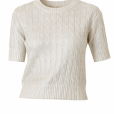 Beige cable knit sweater on a white background