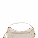 White handbag with gold accents on a white background