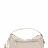 White handbag with gold accents on a white background