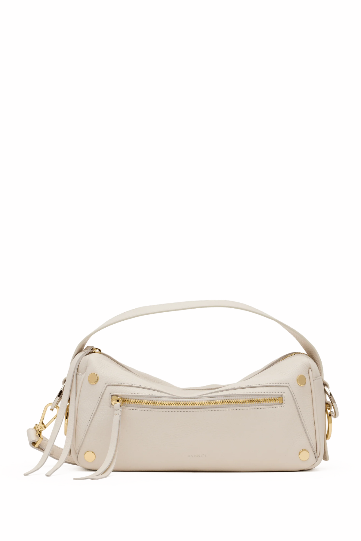 White handbag with gold accents on a white background