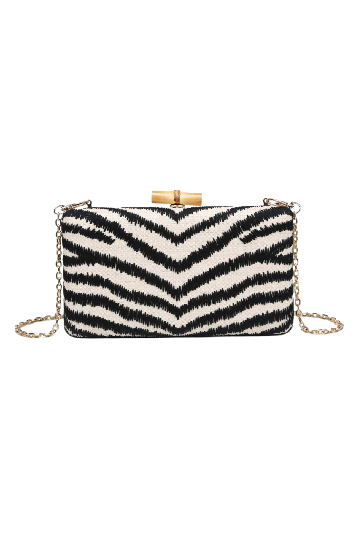 Black and white striped clutch bag with gold chain on a white background