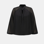 A black long-sleeve blouse with sheer mesh sleeves and a gathered front tie-neck detail, shown against a plain light gray background.