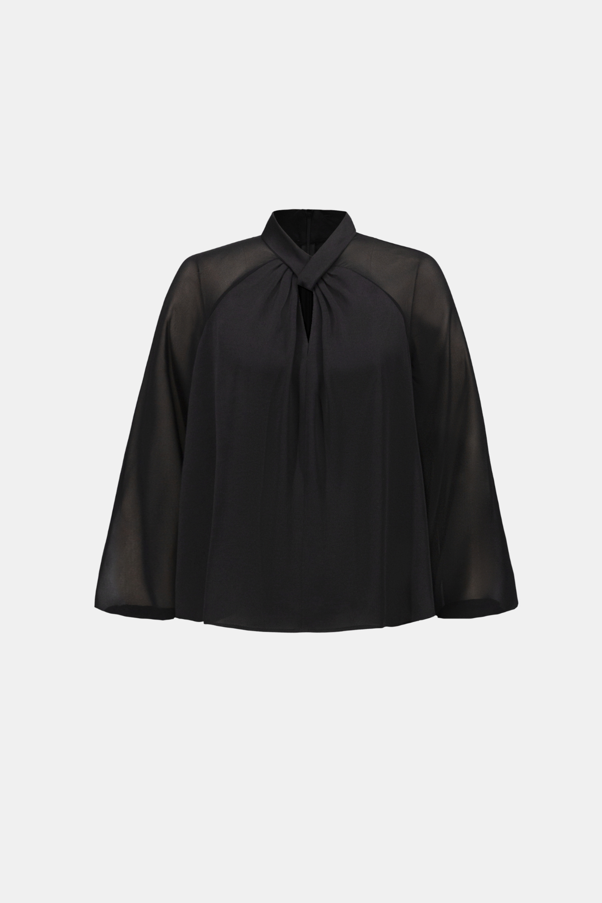 A black long-sleeve blouse with sheer mesh sleeves and a gathered front tie-neck detail, shown against a plain light gray background.