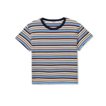 Striped t-shirt with blue, brown, and beige colors on a white background