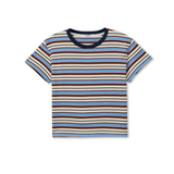 Striped t-shirt with blue, brown, and beige colors on a white background