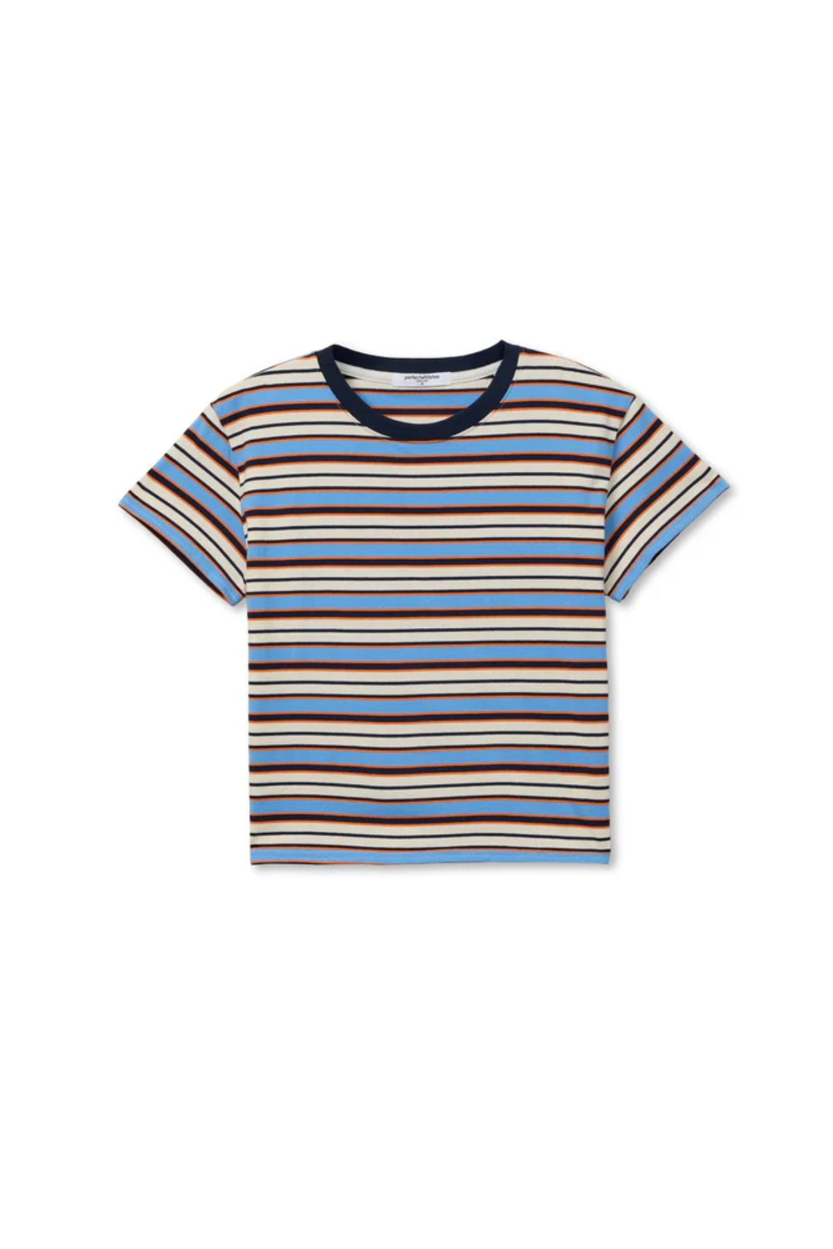 Striped t-shirt with blue, brown, and beige colors on a white background
