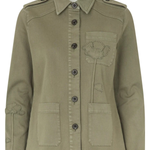 An olive green utility jacket with a pointed collar, button-up front, shoulder epaulets, and decorative floral embroidery on the chest pocket.