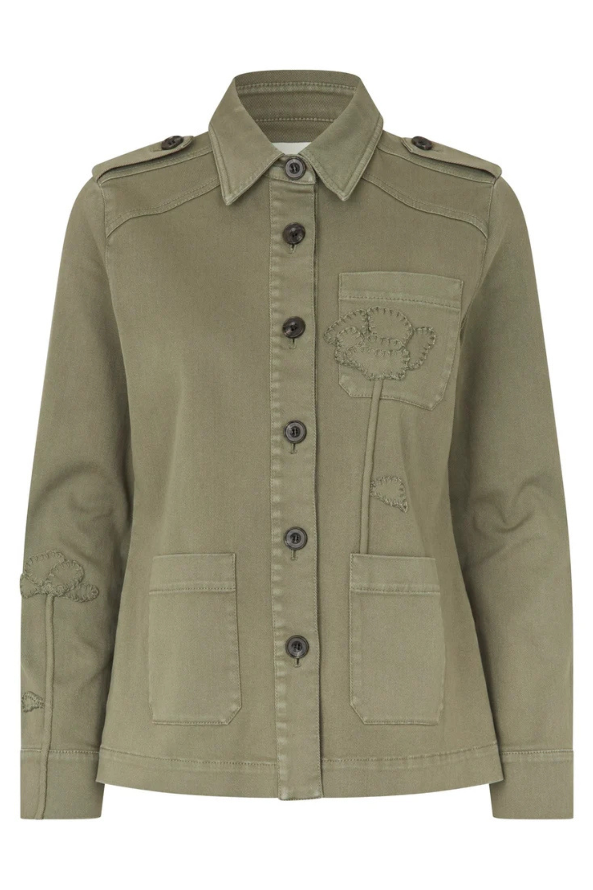 An olive green utility jacket with a pointed collar, button-up front, shoulder epaulets, and decorative floral embroidery on the chest pocket.