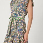 A sleeveless knee-length dress with a high mock neck, ruffled cap sleeves, and a matching waist tie, featuring an intricate paisley pattern in green, blue, and beige on a white base.