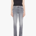 Woman wearing grey straight-leg jeans with a soft, structured fit and clean lines