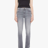 Woman wearing grey straight-leg jeans with a soft, structured fit and clean lines