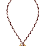 A gold crescent moon pendant necklace with a braided chain made of gold and dark red cord, shown on a plain white background.