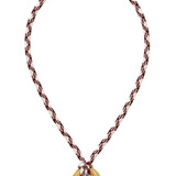 A gold crescent moon pendant necklace with a braided chain made of gold and dark red cord, shown on a plain white background.