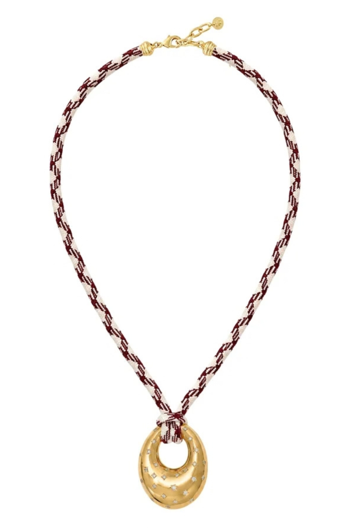 A gold crescent moon pendant necklace with a braided chain made of gold and dark red cord, shown on a plain white background.