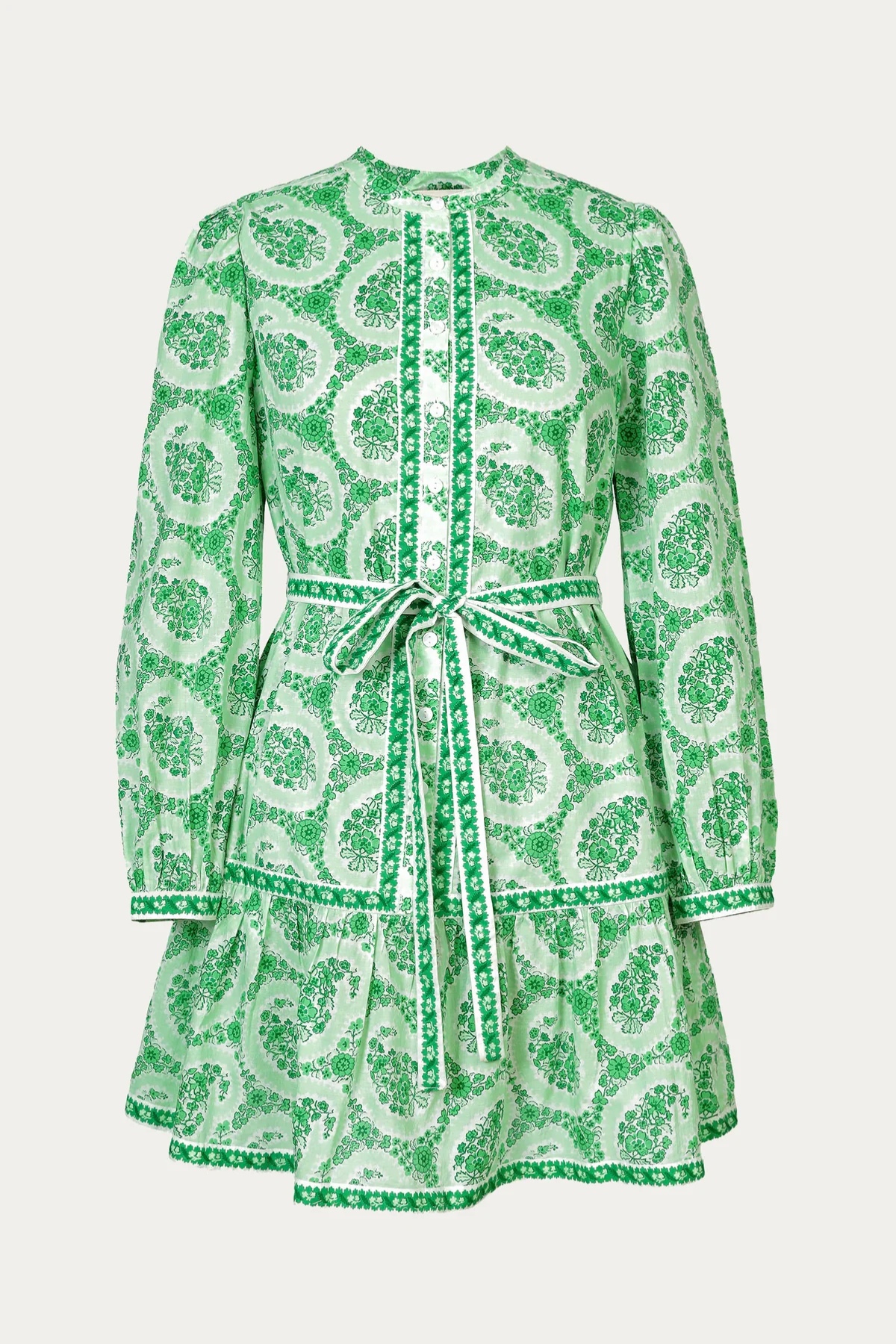 printed green mini dress on white background 