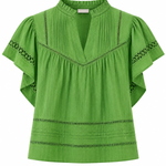 Green blouse with lace details on a white background