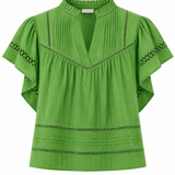 Green blouse with lace details on a white background