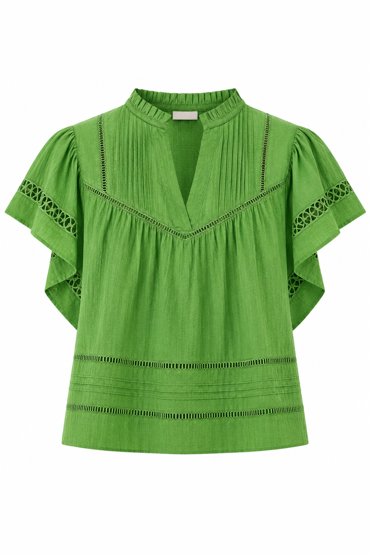 Green blouse with lace details on a white background