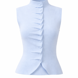 Light blue sleeveless top with ruffled details on a white background