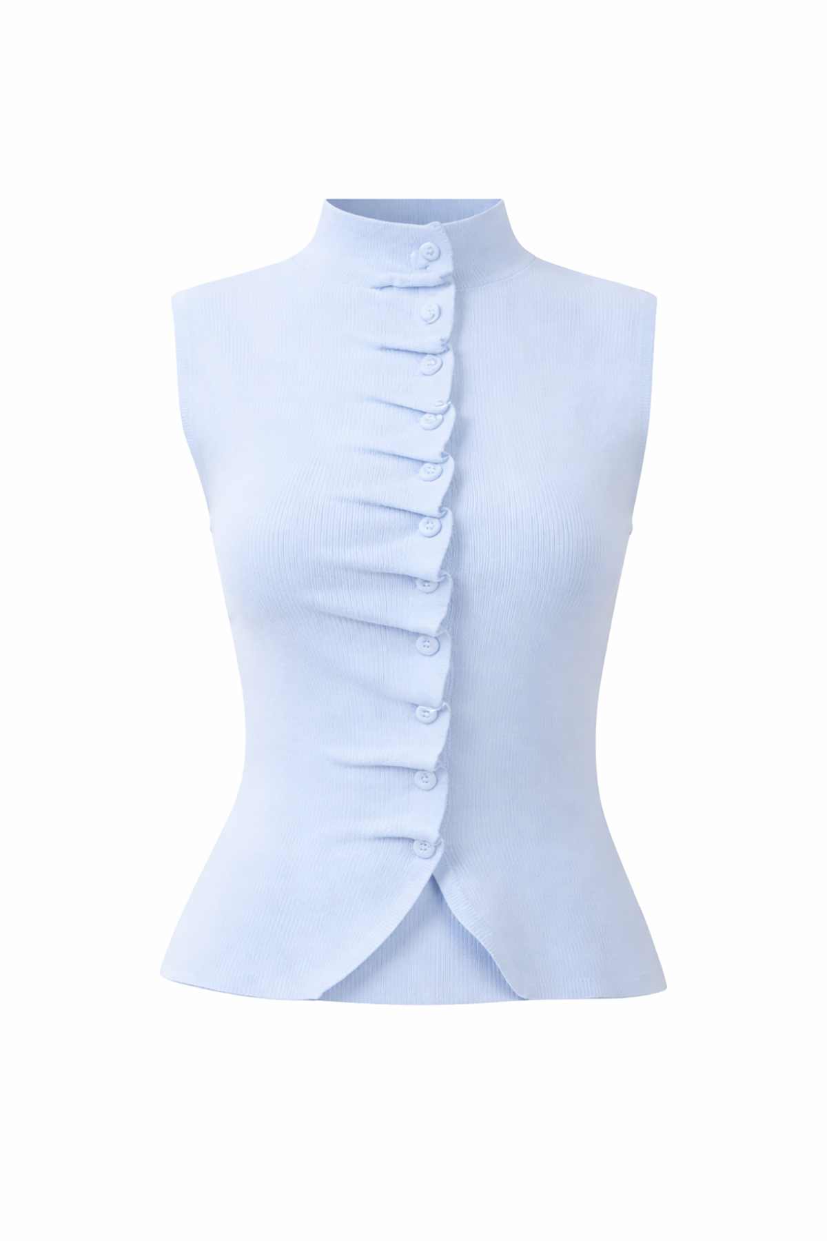 Light blue sleeveless top with ruffled details on a white background