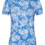 Short-sleeve crewneck top with two-tone paisley print.