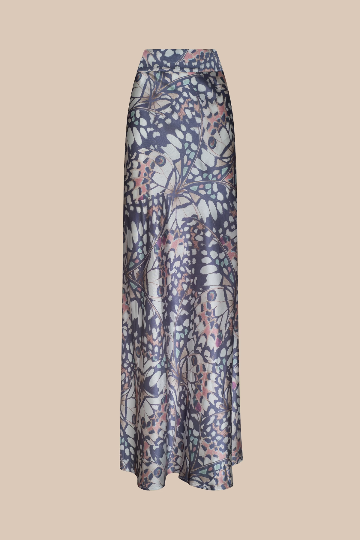 Long floral-patterned skirt on a beige background