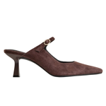 A single dark brown suede mule shoe with a pointed toe, a short block heel, and a small gold-tone ring detail on the strap, shown against a plain white background.