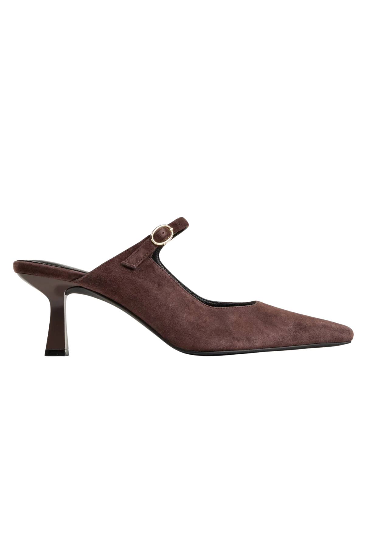 A single dark brown suede mule shoe with a pointed toe, a short block heel, and a small gold-tone ring detail on the strap, shown against a plain white background.