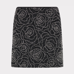 A black A-line mini skirt embellished with a sparkling silver rose pattern, shown flat against a light gray background.