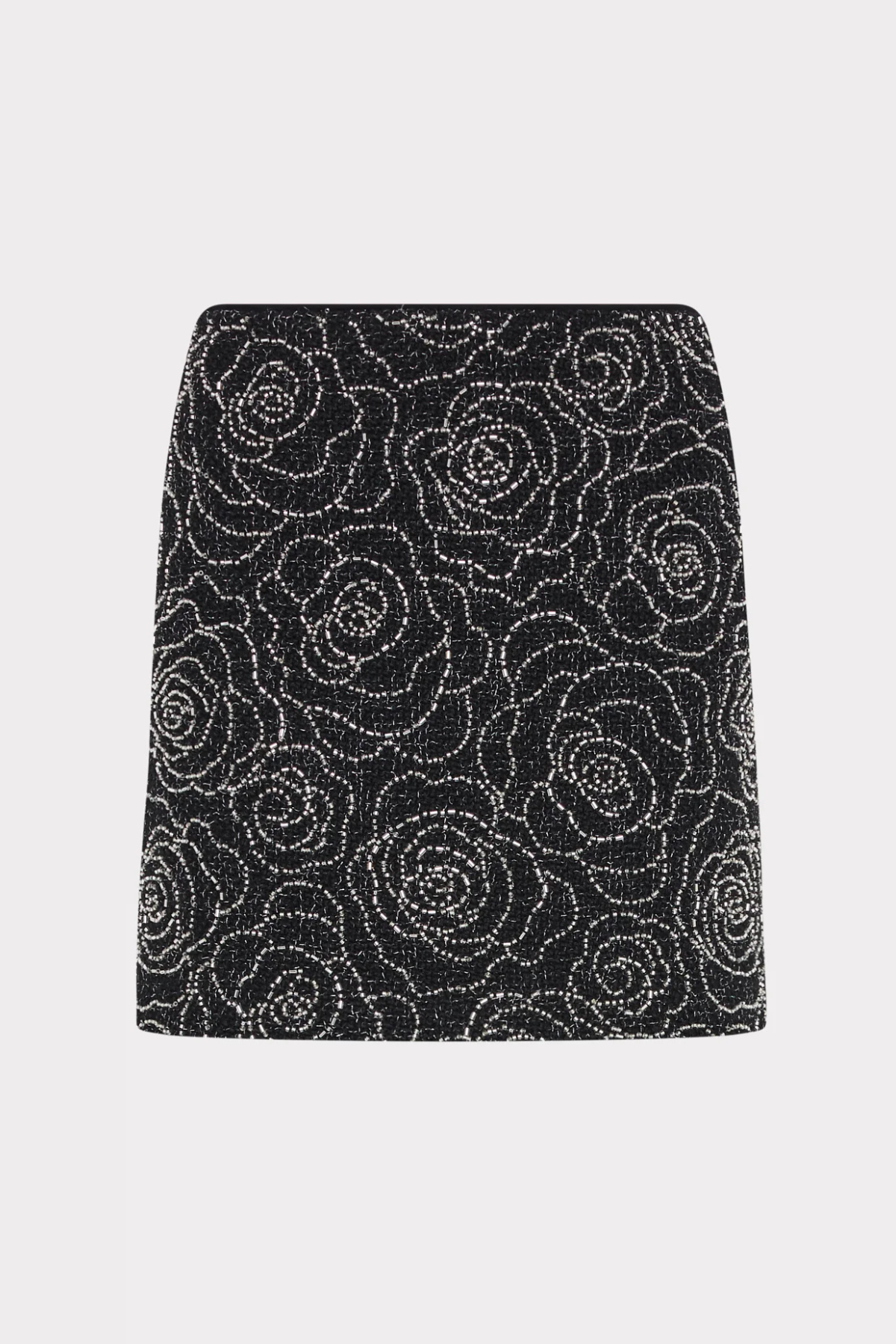 A black A-line mini skirt embellished with a sparkling silver rose pattern, shown flat against a light gray background.