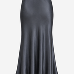 Women's silky midi slip skirt featuring a fluid drape and elegant straight silhouette in a charcoal gray color.