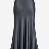 Women's silky midi slip skirt featuring a fluid drape and elegant straight silhouette in a charcoal gray color.